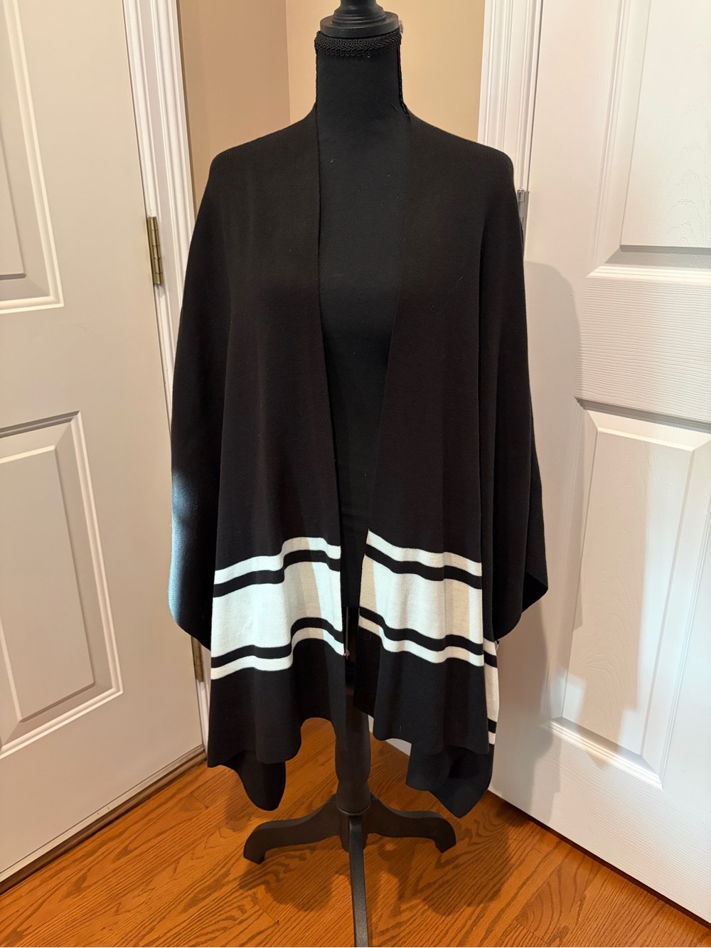 Elan Black Wrap Cape with White Stripe Trim